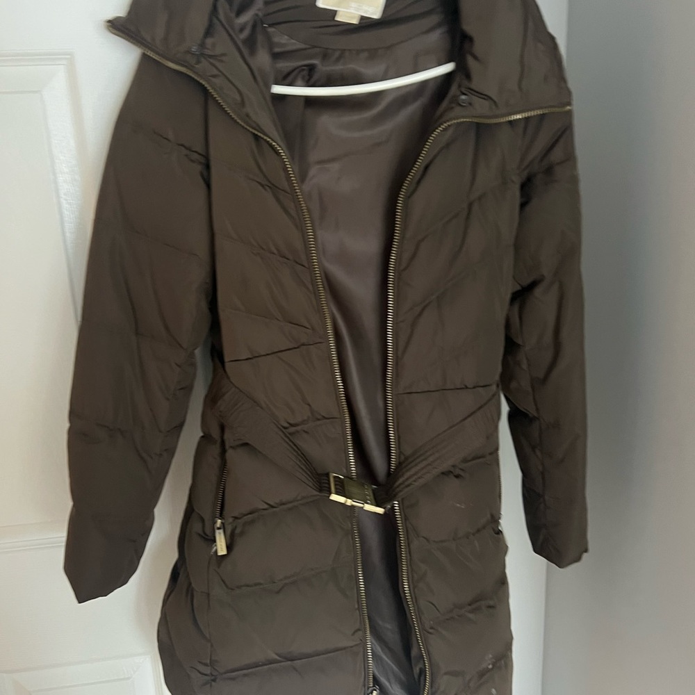 Michael Kors Brown Puffer Jacket with Hood and Waist Detail